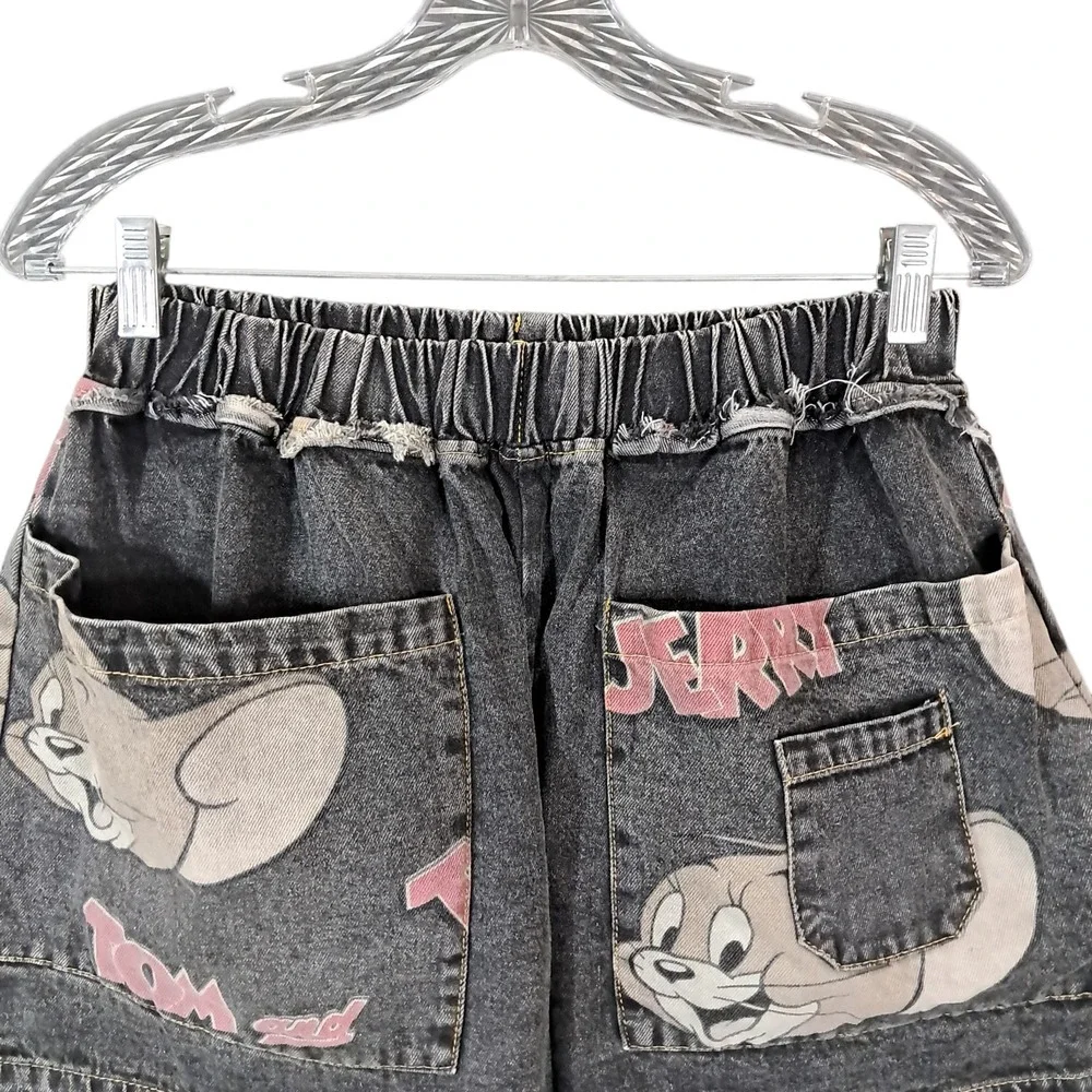 Tom‎ and Jerry Oversized Baggy Denim Shorts Patchwork Faded Y2K Harajuku Small
